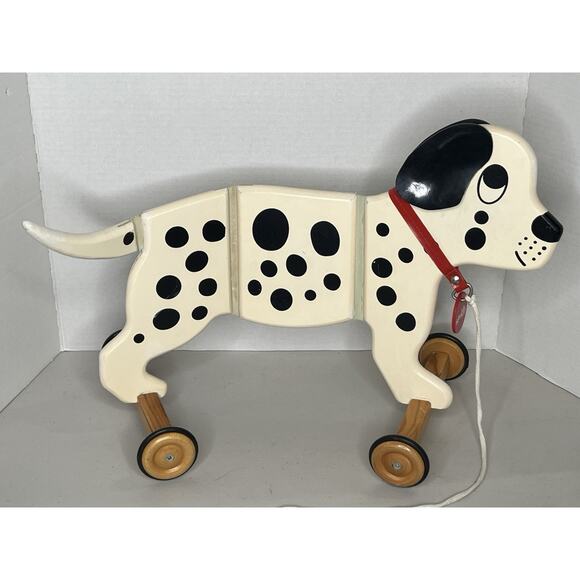 VINTAGE DOG PUSH/PULL TOY WIGGLING WOODEN FLEXIBLE SPOTTY NAME TAG DALMATION - Picture 1 of 3